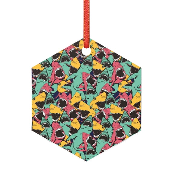Rocae Angry Shark Pattern for Acrylic Christmas Pendant Ornament for Festive Decor Hanging Pendant,Perfect for Home and Office-Hexagon