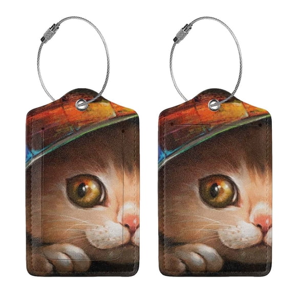 Rocae Animal Cat for Leather Luggage Baggage Tags ID Label Privacy Cover ID Label with Stainless Steel Loop and Address Card