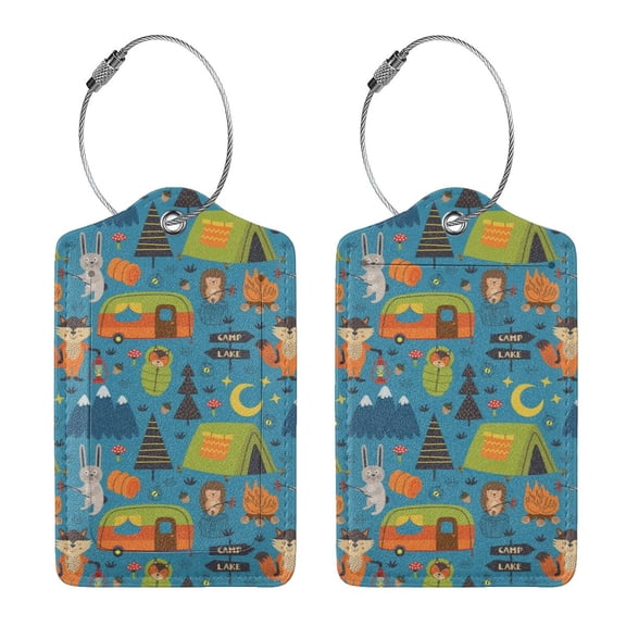 Rocae Animals In Camping for Leather Luggage Baggage Tags ID Label Privacy Cover ID Label with Stainless Steel Loop and Address Card