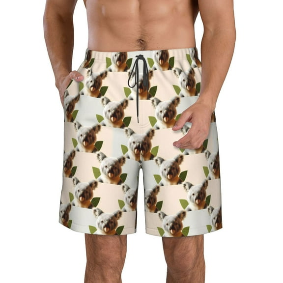 Rocae Art cute koala for Men's Beach Shorts Casual Elastic Waist Drawstring Summer Beach Shorts,S-3XL-Small