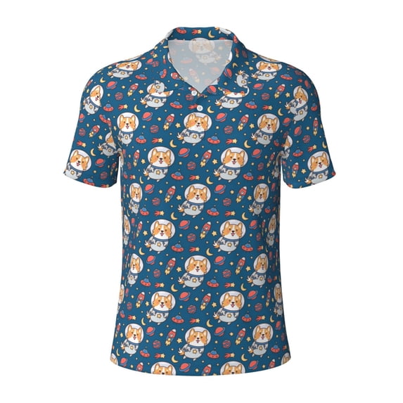Rocae Astronaut Corgi Dog for Men's Short Sleeve Polo Shirt, Quick Drying Performance Moisture Wicking Sports Men's Golf Shirt