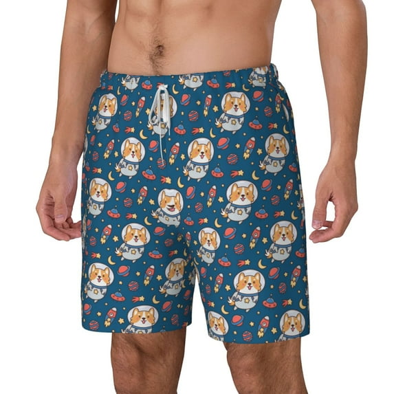 Rocae Astronaut Corgi Dog for Men's Swim Trunks Quick Dry With Two Side Pockets and One Lined Patch PocketSmall