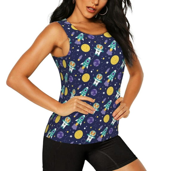 Rocae Astronaut Corgi for Women's Workout Tank Top Lightweight Sleeveless Fit Tops- Moisture-Wicking, BreathableSmall