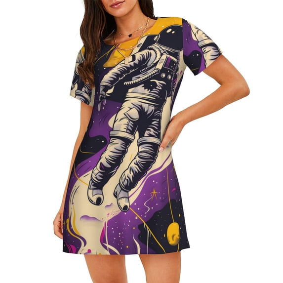 Rocae Astronaut Floating purple Space for Nightgowns for Women Sleep Shirts Short Sleeve Nightshirt Pullover Nightdress