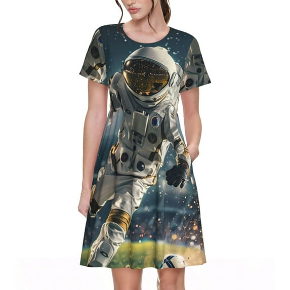 Rocae Astronaut Soccer Field for Dresses Summer Casual Ruffle Short Sleeve Cute Crew Neck Flowy Dress with Pockets