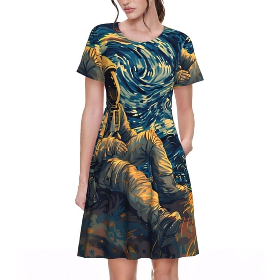 Rocae Astronaut Starry Night for Dresses Summer Casual Ruffle Short Sleeve Cute Crew Neck Flowy Dress with Pockets