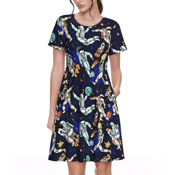Rocae Astronauts in sport for Dresses Summer Casual Ruffle Short Sleeve Cute Crew Neck Flowy Dress with Pockets