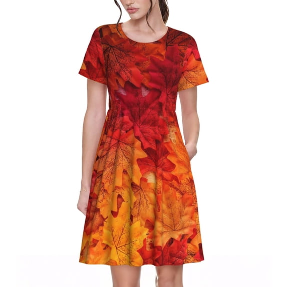 Rocae Autumn Leaf for Dresses Summer Casual Ruffle Short Sleeve Cute Crew Neck Flowy Dress with Pockets