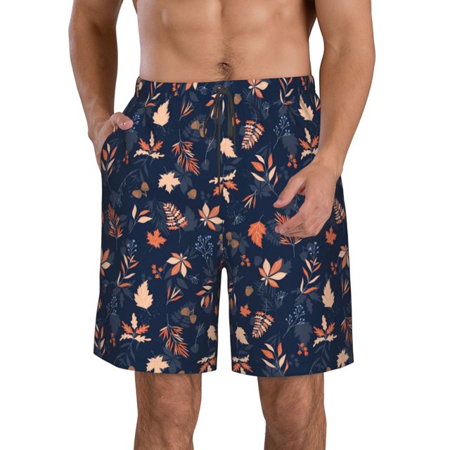 Rocae Autumn Leaves With Blue for Men's Beach Shorts Casual Elastic