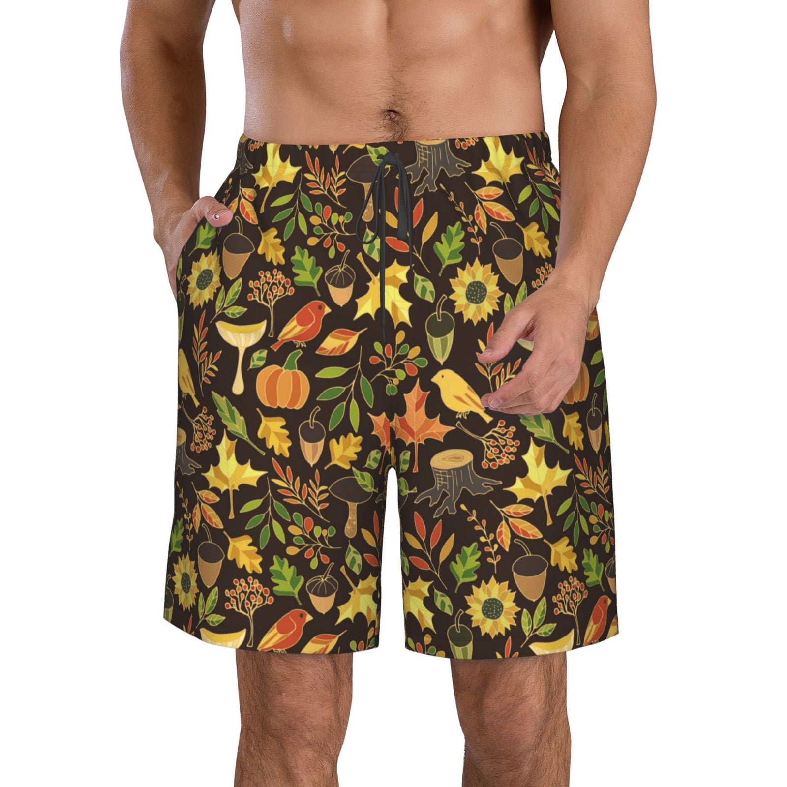 Rocae Autumn Plants Maple Tree Vintage for Men's Beach Shorts Casual