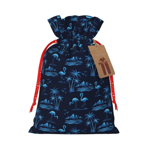 Rocae BLUE Flamingo Birds for Christmas Drawstring Linen Gift Bag with Drawstrings Treat Bag Goody Present Bags for Christmas Party Favor-Small