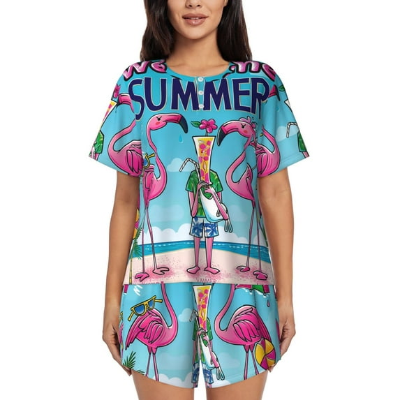 Rocae Beach Flamingo Trio for Two Piece Sleepwear Pajamas Sets for Women Soft Short-Sleeved Pjs with Lounge Shorts -X-Large