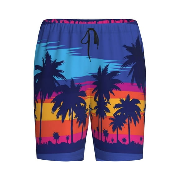 Rocae Beach with Palm Trees for Men's Soft Sleep Pajama Shorts, Waistband and Pockets