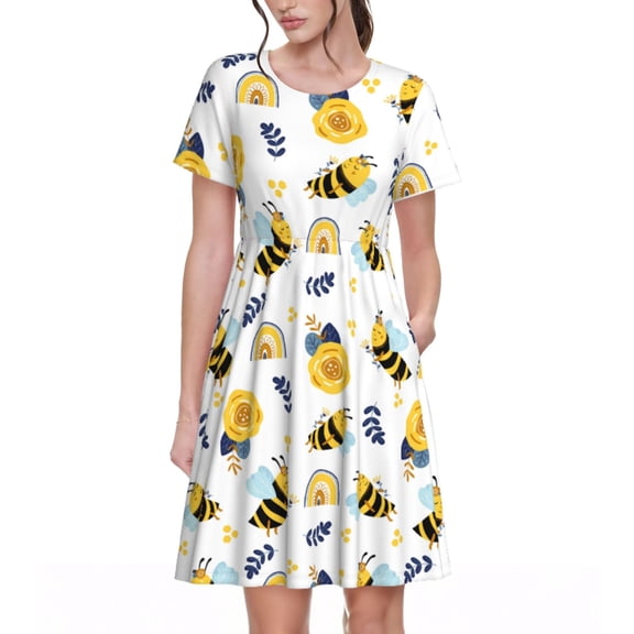 Rocae Bees And Rainbows for Dresses Summer Casual Ruffle Short Sleeve Cute Crew Neck Flowy Dress with Pockets