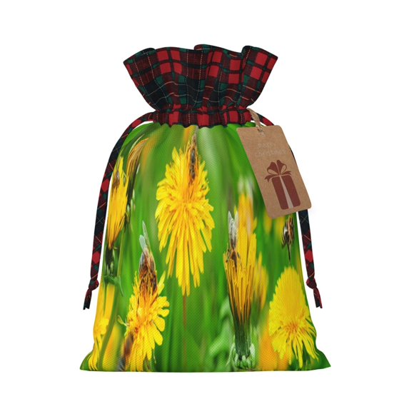 Rocae Bees Pollinates A Yellow Dandelion Print Christmas Drawstring Linen Gift Bag with Drawstrings Treat Bag Goody Present Bags for Christmas Party Favor