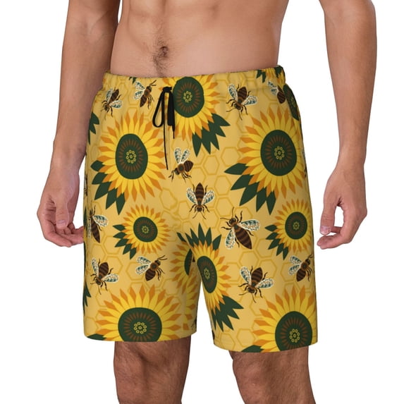 Rocae Bees and Sunflowers for Men's Swim Trunks Quick Dry With Two Side Pockets and One Lined Patch PocketMedium