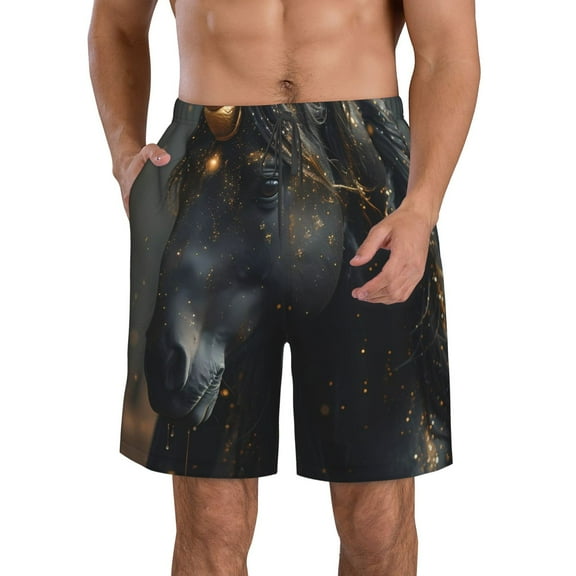 Rocae Black And Gold White Horse for Men's Beach Shorts Casual Elastic Waist Drawstring Summer Beach Shorts,S-3XL-3X-Large