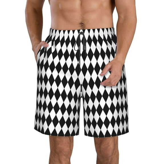 Rocae Black And White Diamonds for Men's Beach Shorts Casual Elastic Waist Drawstring Summer Beach Shorts,S-3XL-3X-Large