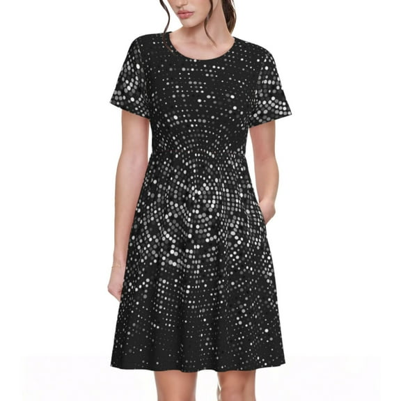 Rocae Black And White Dotted for Dresses Summer Casual Ruffle Short Sleeve Cute Crew Neck Flowy Dress with Pockets