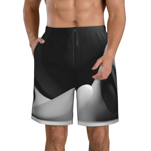 Rocae Black White Fluid Sculpture for Men's Beach Shorts Casual Elastic Waist Drawstring Summer Beach Shorts,S-3XL-Small