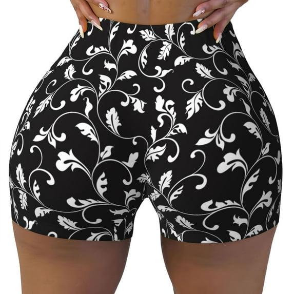 Rocae Black White Leaves for Women's Quick-Dry Running Shorts,Ladies Active Athletic Apparel Yoga Workout Gym Running Volleyball Spandex Shorts XX-Large