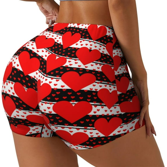 Rocae Black and white striped and red hearts for Women's Quick-Dry Running Shorts,Ladies Active Athletic Apparel Yoga Workout Gym Running Volleyball Spandex Shorts-Small