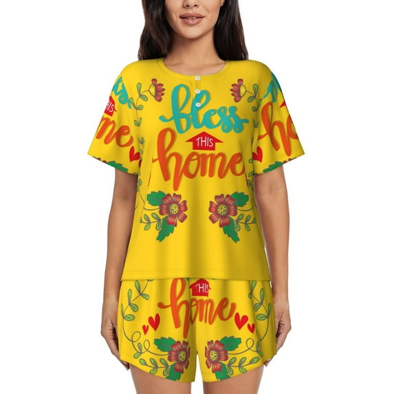 Rocae Bless This Home for Two Piece Sleepwear Pajamas Sets for Women Soft Short-Sleeved Pjs with Lounge Shorts Medium