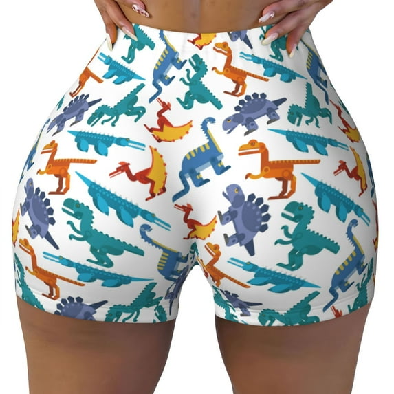 Rocae Block Dinosaur for Women's Quick-Dry Running Shorts,Ladies Active Athletic Apparel Yoga Workout Gym Running Volleyball Spandex Shorts XX-Large