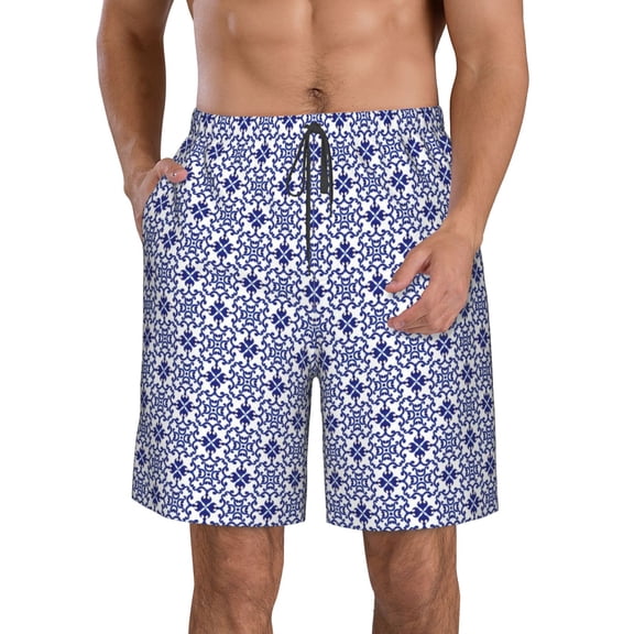 Rocae Blue And White Porcelain Chinaware for Men's Beach Shorts Casual Elastic Waist Drawstring Summer Beach Shorts,S-3XL-3X-Large