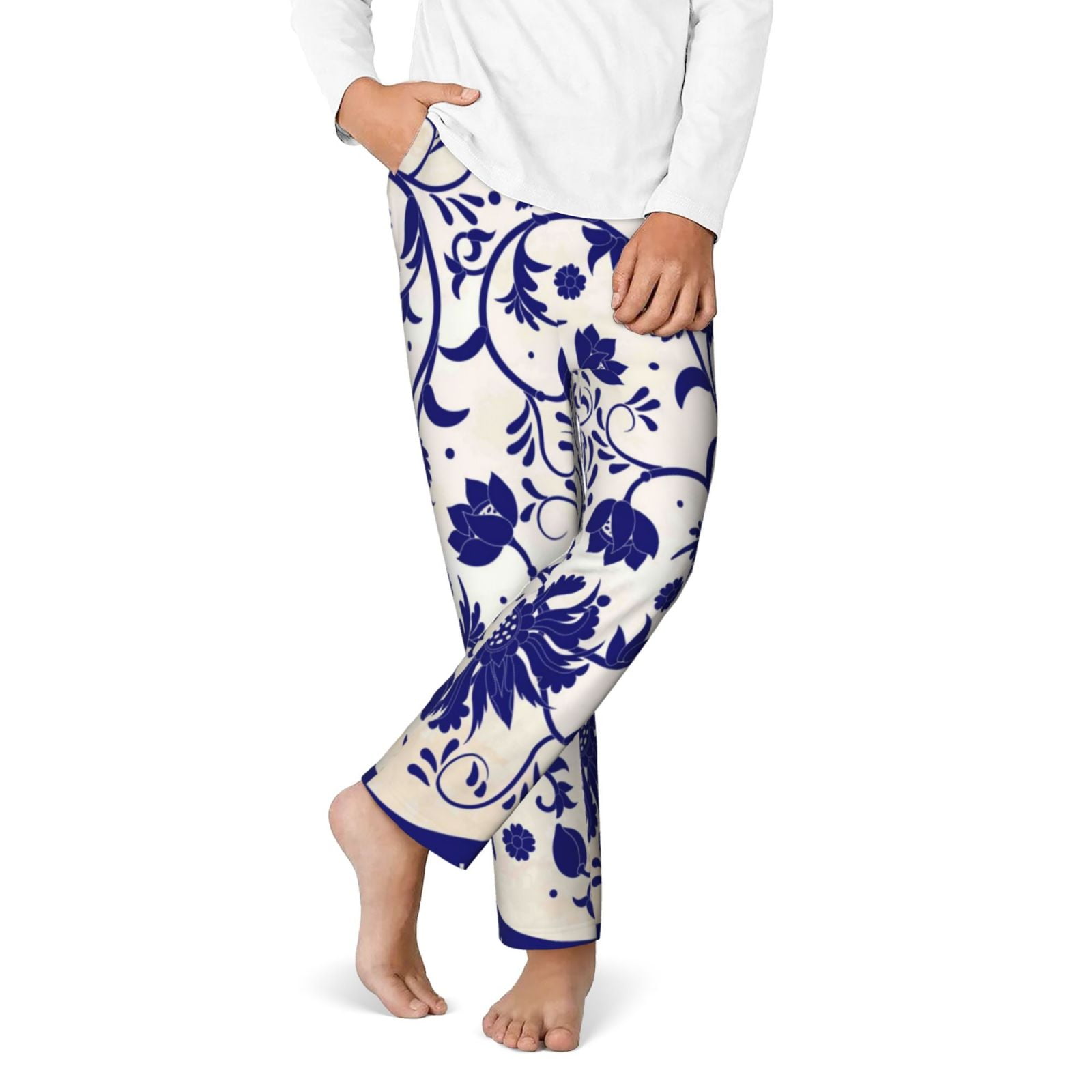 girls white blue print loungewear ls top & pant
