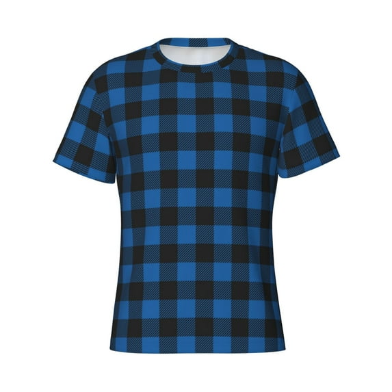 Rocae Blue Black Plaid for Men's Moisture-Wicking Crew Tee - T-Shirt for Sports, Outdoor Activities, and Casual WearX-Large