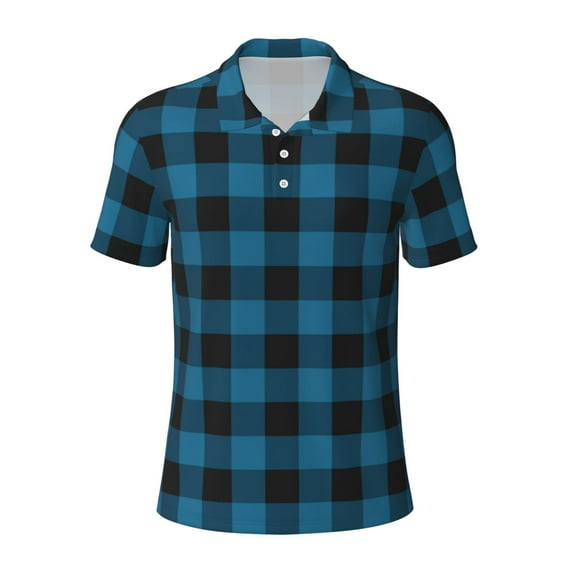 Rocae Blue Black Plaid for Men's Short Sleeve Polo Shirt, Quick Drying Performance Moisture Wicking Sports Men's Golf Shirt Large