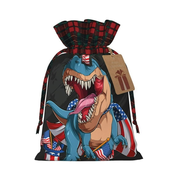Rocae Blue Dinosaur Print Christmas Drawstring Linen Gift Bag with Drawstrings Treat Bag Goody Present Bags for Christmas Party Favor