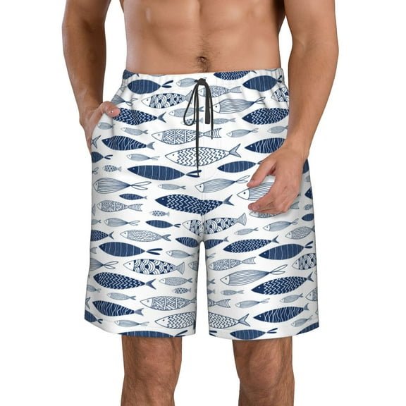 Rocae Blue Fish for Men's Beach Shorts Casual Elastic Waist Drawstring Summer Beach Shorts,S-3XL-Small