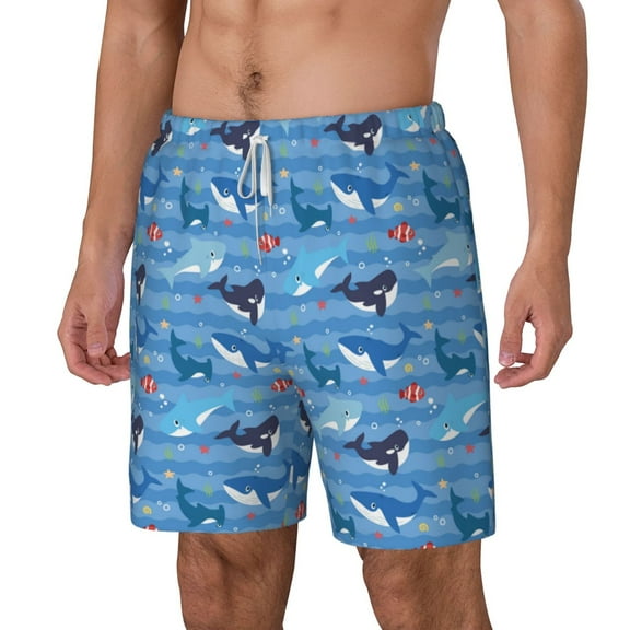Rocae Blue Fish for Men's Swim Trunks Quick Dry With Two Side Pockets and One Lined Patch PocketSmall
