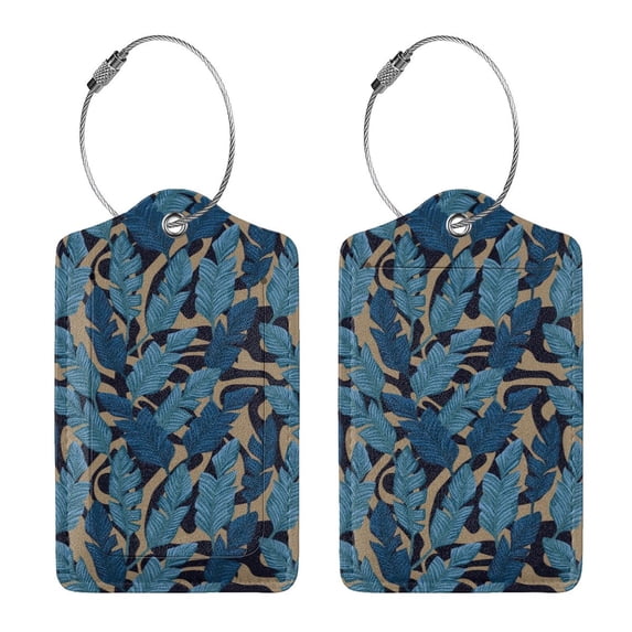 Rocae Blue Leaves A for Leather Luggage Baggage Tags ID Label Privacy Cover ID Label with Stainless Steel Loop and Address Card