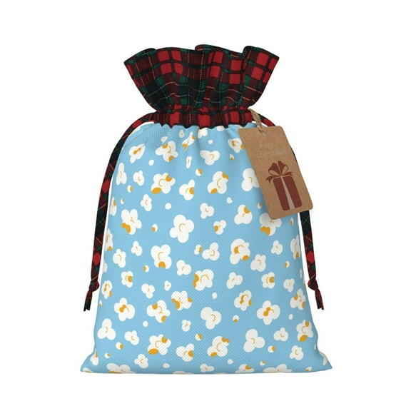 Rocae Blue Popcorn Print Christmas Drawstring Linen Gift Bag with Drawstrings Treat Bag Goody Present Bags for Christmas Party Favor
