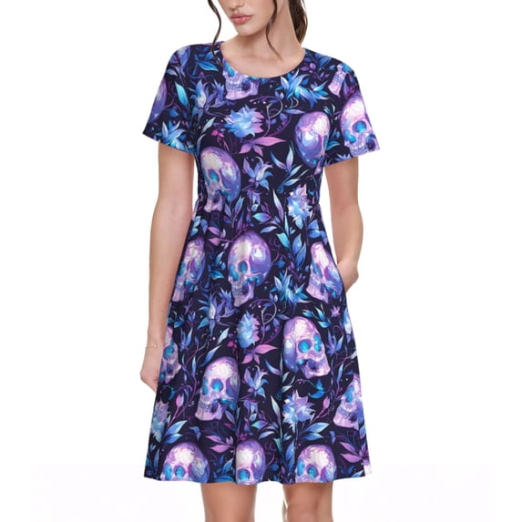 Rocae Blue Skull Crystal for Dresses Summer Casual Ruffle Short Sleeve Cute Crew Neck Flowy Dress with Pockets