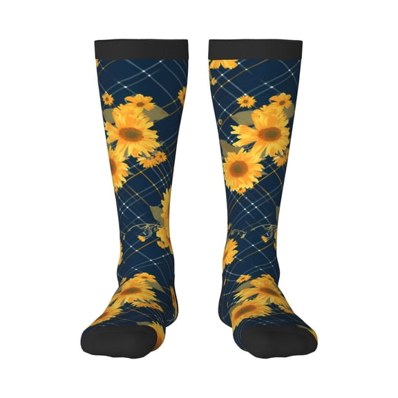 Rocae Blue Striped Sunflower A for Novelty Casual compression Socks For Women Men Contrast Color Stockings