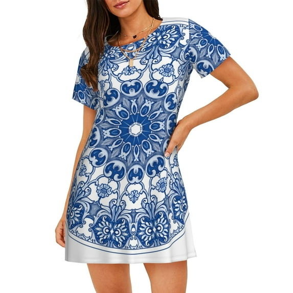 Rocae Blue Watercolor for Nightgowns for Women Sleep Shirts Short Sleeve Nightshirt Pullover Nightdress