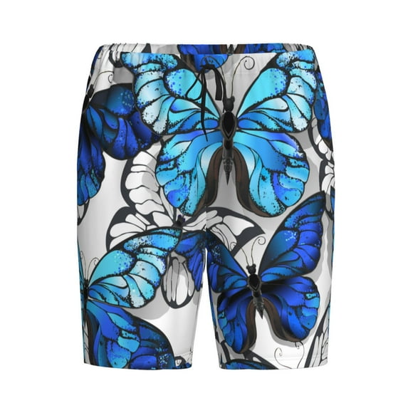 Rocae Blue and White Butterflies for Men's Soft Sleep Pajama Shorts, Waistband and Pockets
