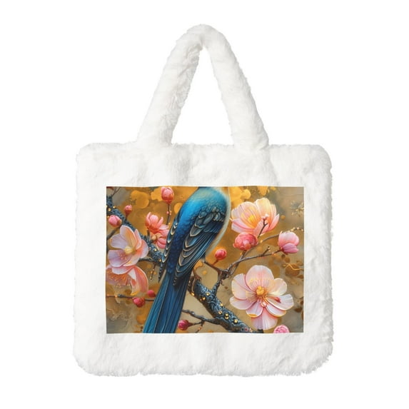 Rocae Bluebird Blossom Elegance or Plush Underarm Bag White Furry Purse Handbag for Autumn and Winter