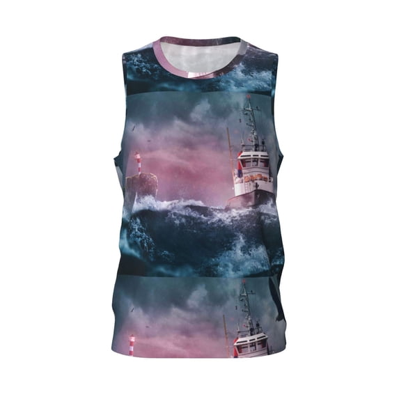 Rocae Boat Lighthouse Storm Waves for Men's Basketball Jersey Lightweight and Breathable Athletic Tank Top,Quick-Drying Sports Jersey X-Large