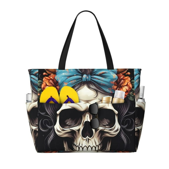 Rocae Bow Flower Skull for Large Women's Waterproof Beach Bag Tote with 7 Pockets Pool Bag for Travel Gym Vacation