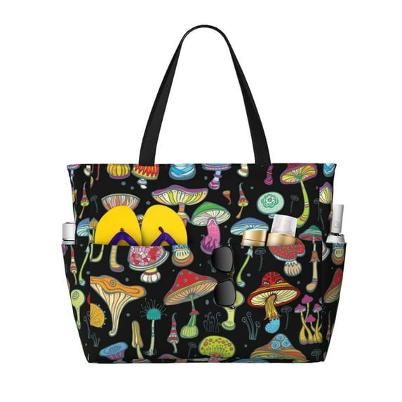 Rocae Bright Mushrooms for Large Women's Waterproof Beach Bag Tote with 7 Pockets Pool Bag for Travel Gym Vacation