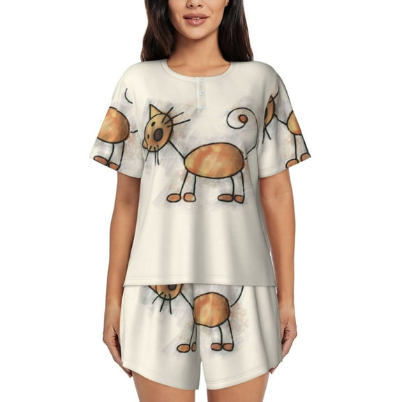 Rocae Brown Cat Cartoon for Two Piece Sleepwear Pajamas Sets for Women Soft Short-Sleeved Pjs with Lounge Shorts XX-Large