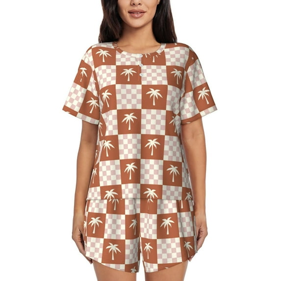 Rocae Brown Palms for Two Piece Sleepwear Pajamas Sets for Women Soft Short-Sleeved Pjs with Lounge Shorts XX-Large