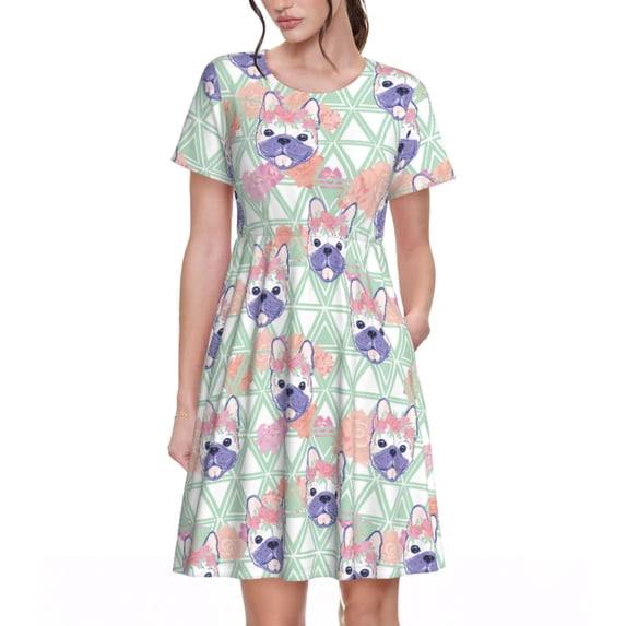 Rocae Bulldog for Dresses Summer Casual Ruffle Short Sleeve Cute Crew Neck Flowy Dress with Pockets