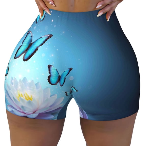 Rocae Butterflies And Waterlily In Water for Women's Quick-Dry Running Shorts,Ladies Active Athletic Apparel Yoga Workout Gym Running Volleyball Spandex Shorts Large