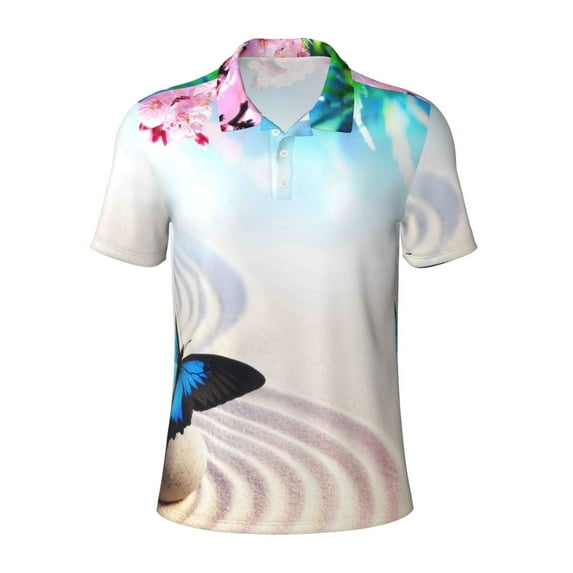 Rocae Butterfly In Blossoms Zen for Men's Short Sleeve Polo Shirt, Quick Drying Performance Moisture Wicking Sports Men's Golf Shirt X-Large